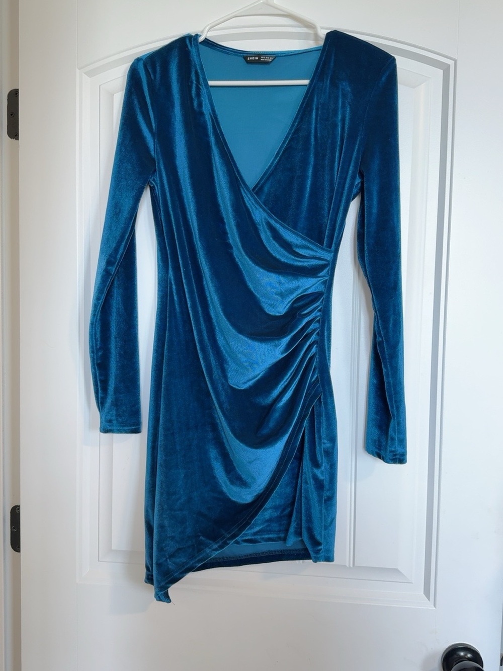 SHEIN Teal Blue Velvet Ruched Wrap Mini Dress – Small